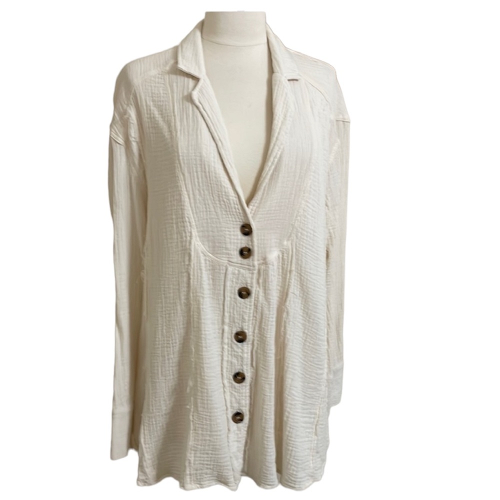 FREE PEOPLE Cream Crinkle Gauze Long Sleeve Tunic Top Size Small